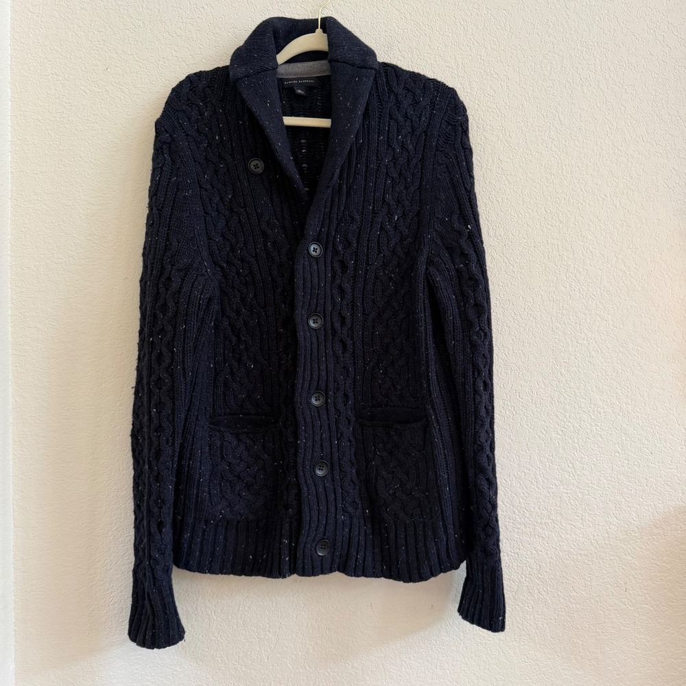 Banana Republic Mens Navy Blue Lambswool Cable Knit Shawl Collar Cardigan M